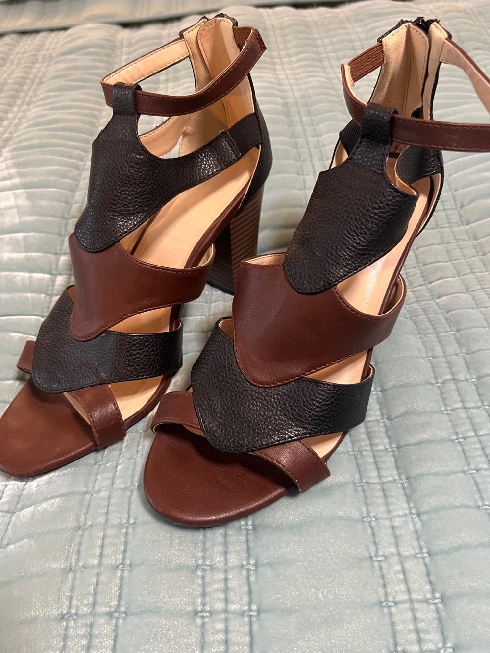 Brown and Black Strappy Block Heel Sandals